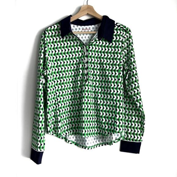Kinona At the Pin chevron print golf top green  blue collared long sleeve large - Picture 1 of 8